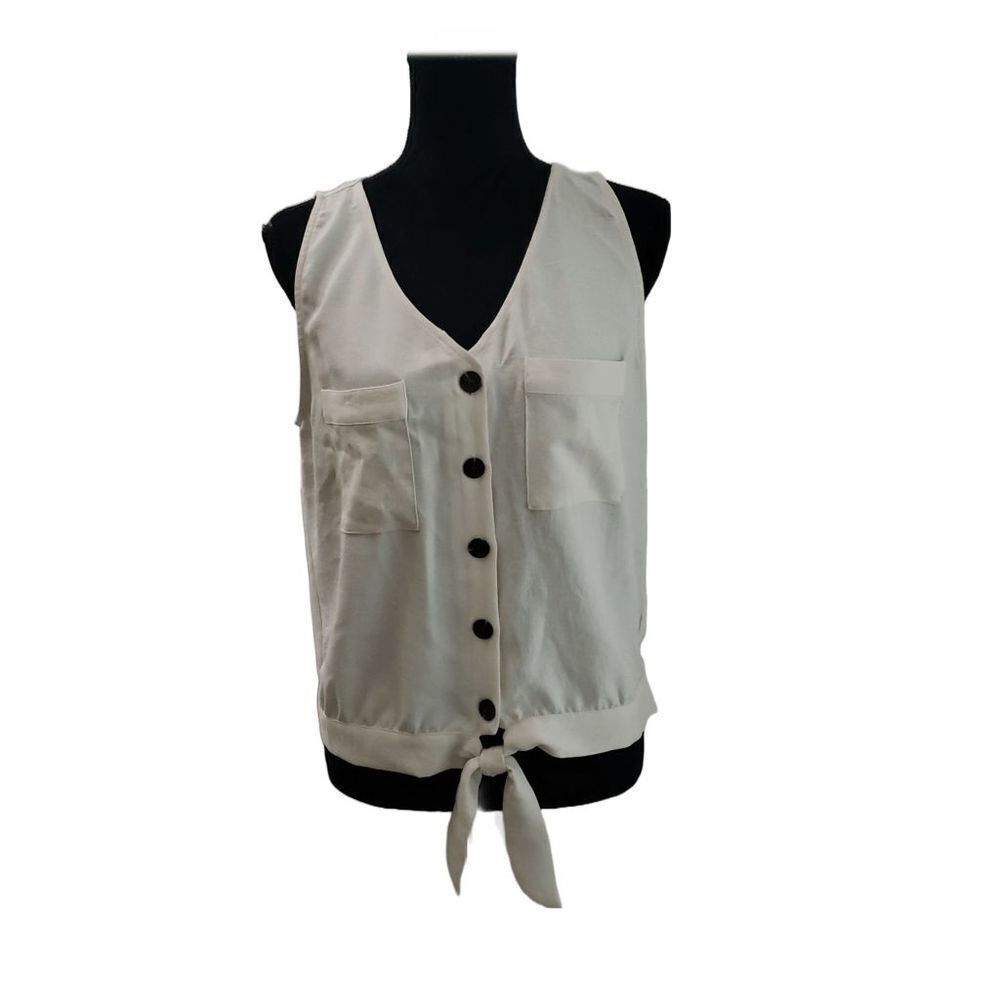 IZ Byer Off-White Button Up Sleeveless with Pockets and Bow Top Size L
